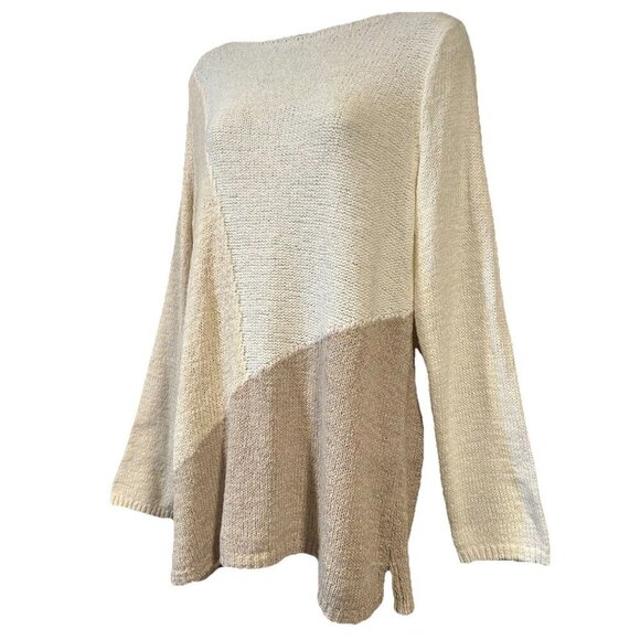 J Jill Pure Jill Colorblock Loose Knit Sweater Tunic Cream Tan Womens Size Large - Picture 3 of 7
